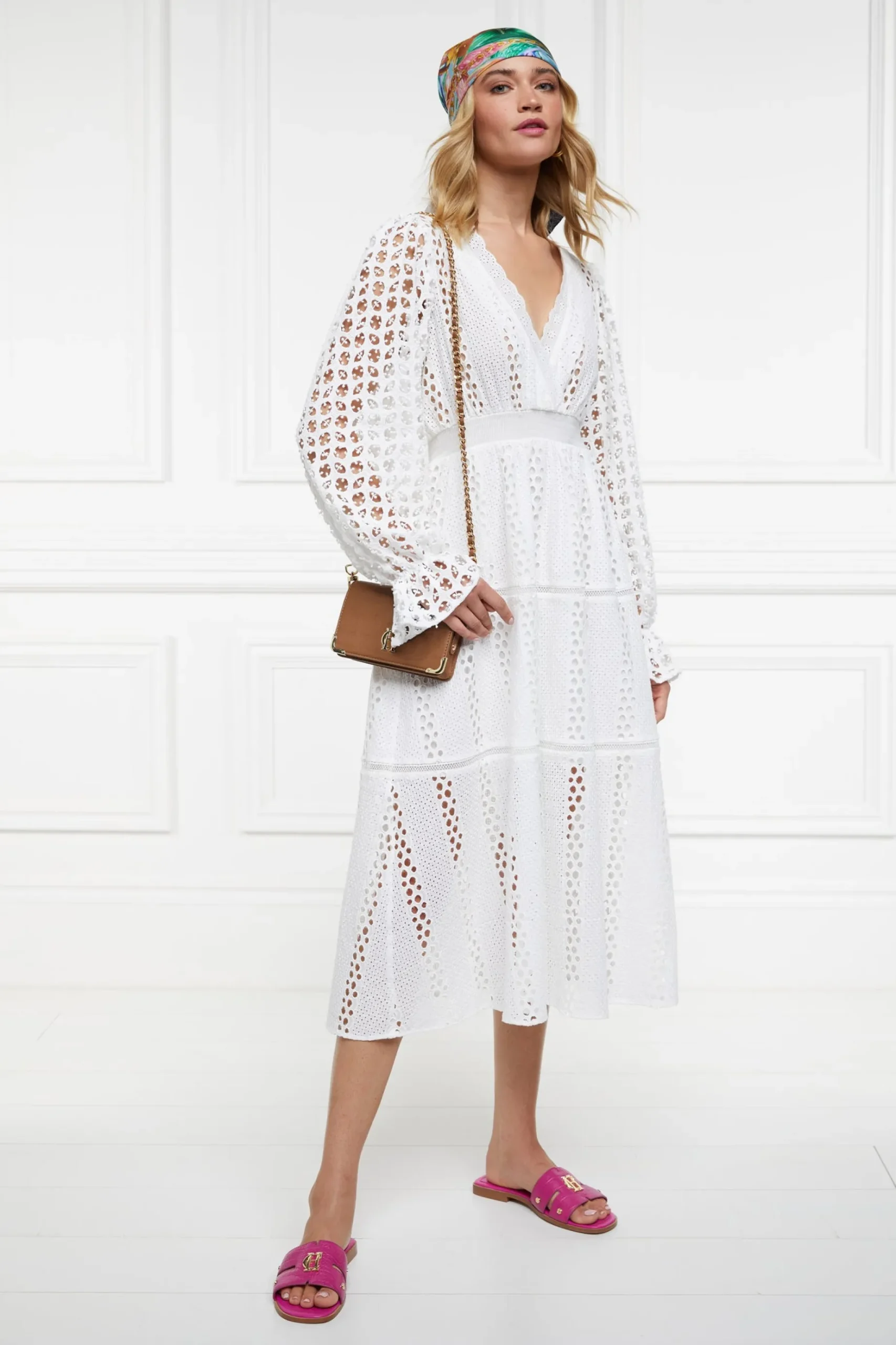 Broderie Lace V-Neck Midi Dress